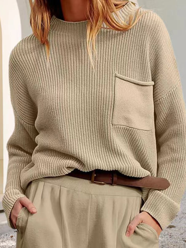 Personalized able pocket round neck long sleeve sweater for women-[Adult]-[Female]-Khaki-S-2022 Online Blue Zone Planet