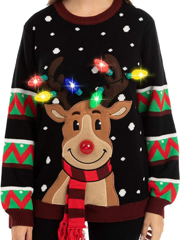 Festive Reindeer LED Christmas Sweater-TOPS / DRESSES-[Adult]-[Female]-Black-S-2022 Online Blue Zone Planet