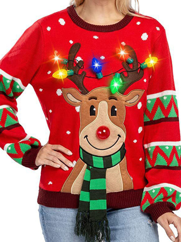 Festive Reindeer LED Christmas Sweater-TOPS / DRESSES-[Adult]-[Female]-Red-S-2022 Online Blue Zone Planet