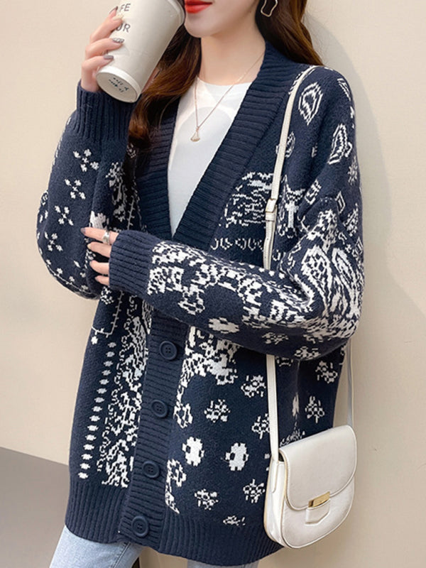 Women Casual Knit Patterned Button Cardigan-[Adult]-[Female]-2022 Online Blue Zone Planet