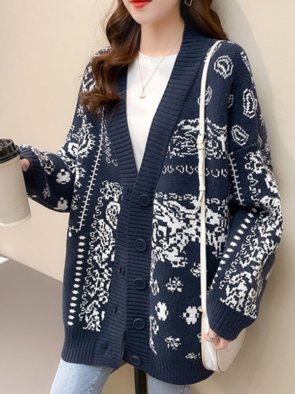 Women Casual Knit Patterned Button Cardigan-[Adult]-[Female]-Blue-F-2022 Online Blue Zone Planet