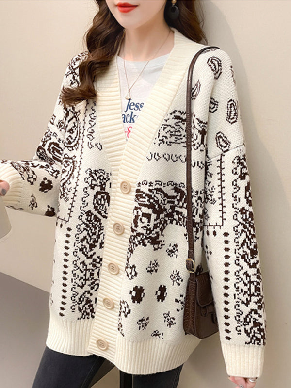 Women Casual Knit Patterned Button Cardigan-[Adult]-[Female]-2022 Online Blue Zone Planet