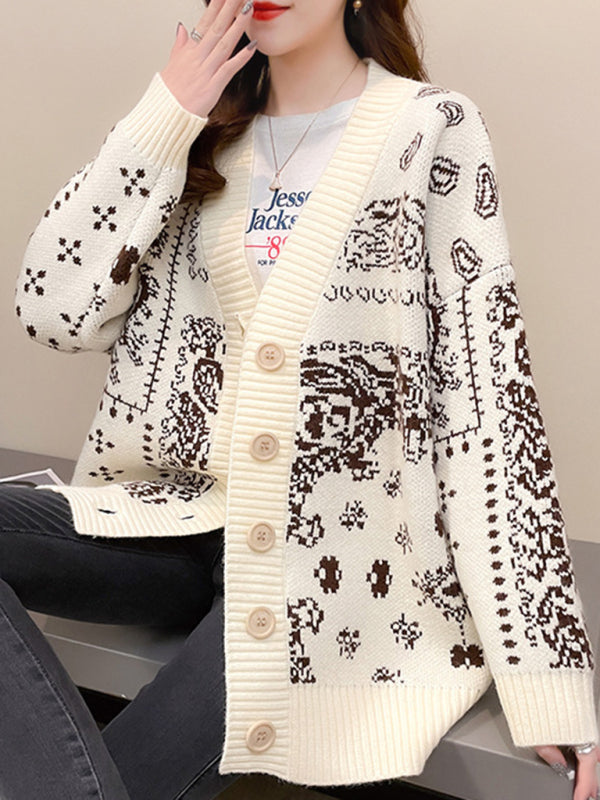 Women Casual Knit Patterned Button Cardigan-[Adult]-[Female]-White-F-2022 Online Blue Zone Planet