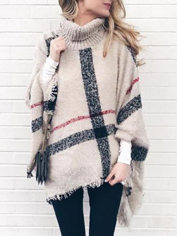 Mid-length high collar tassel cape loose knitted sweater-[Adult]-[Female]-Cream-F-2022 Online Blue Zone Planet