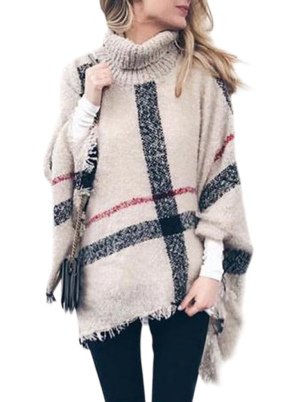 Mid-length high collar tassel cape loose knitted sweater-[Adult]-[Female]-Cream-F-2022 Online Blue Zone Planet