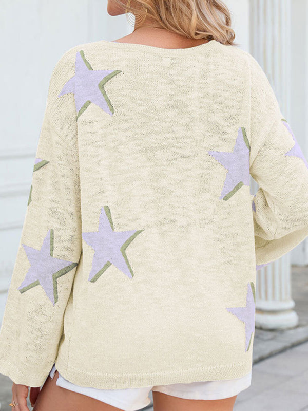 New five-pointed star knitted long-sleeved sweater-[Adult]-[Female]-2022 Online Blue Zone Planet