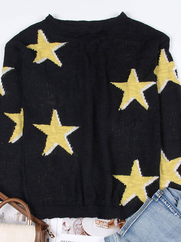 New five-pointed star knitted long-sleeved sweater-[Adult]-[Female]-2022 Online Blue Zone Planet