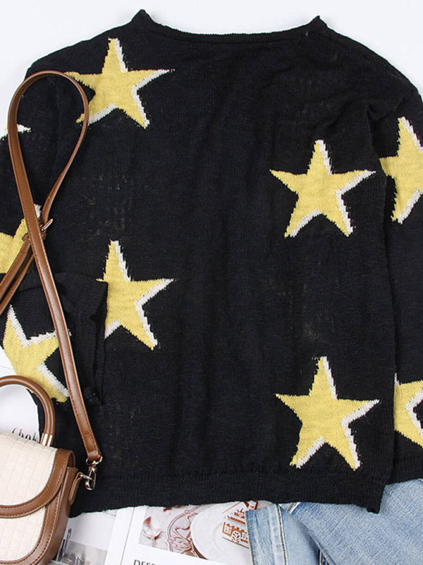 New five-pointed star knitted long-sleeved sweater-[Adult]-[Female]-2022 Online Blue Zone Planet