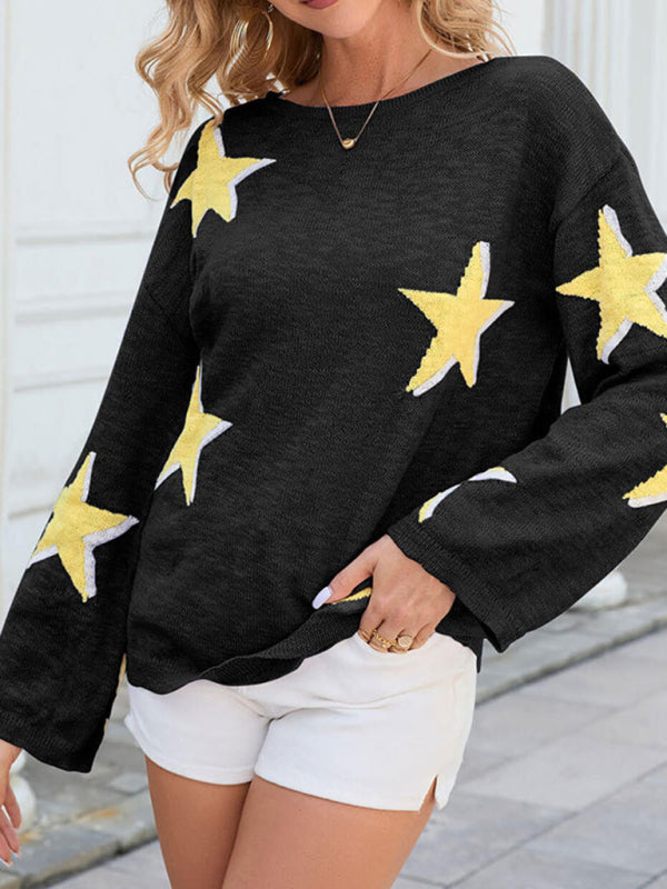 New five-pointed star knitted long-sleeved sweater-[Adult]-[Female]-Black-S-2022 Online Blue Zone Planet