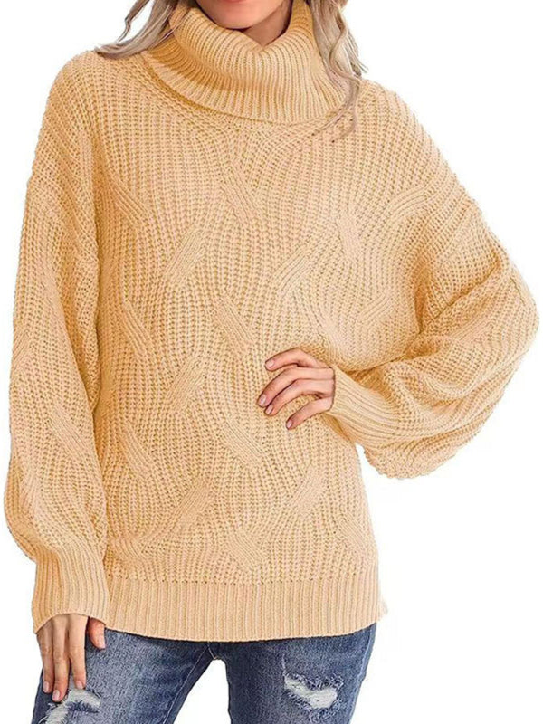 Blue Zone Planet | thick line long sleeve solid color pullover turtleneck sweater-TOPS / DRESSES-[Adult]-[Female]-Cracker khaki-S-2022 Online Blue Zone Planet