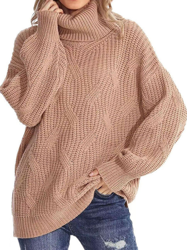 New thick line long sleeve solid color pullover turtleneck sweater-[Adult]-[Female]-Khaki-S-2022 Online Blue Zone Planet