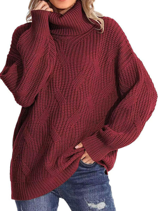 Blue Zone Planet | thick line long sleeve solid color pullover turtleneck sweater-TOPS / DRESSES-[Adult]-[Female]-Wine Red-S-2022 Online Blue Zone Planet