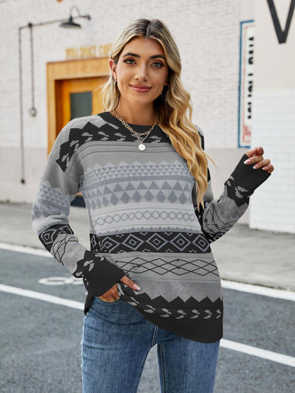 retro pattern diamond jacquard multi-color patchwork sweater loose round neck pullover sweater BLUE ZONE PLANET