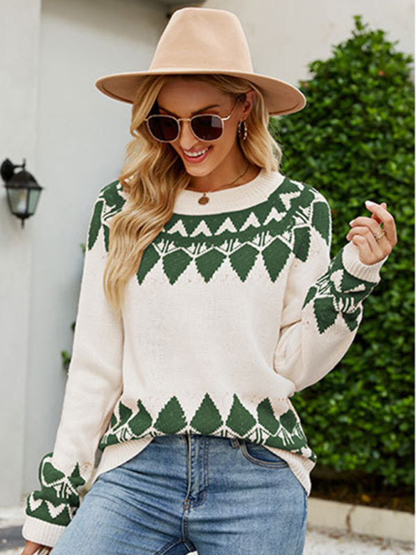 Women's Vintage Jacquard Sweater Women's Round Neck Long Sleeve Pullover Sweater-[Adult]-[Female]-Green-S-2022 Online Blue Zone Planet