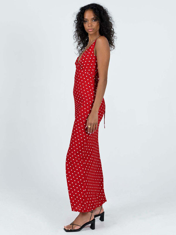 polka dot spaghetti strap V-neck fishtail dress kakaclo