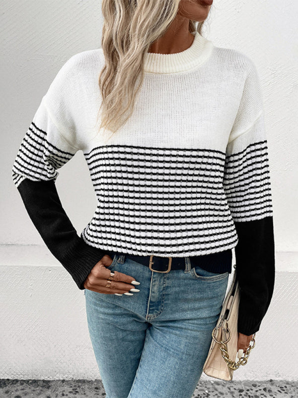 New Women's Long Sleeve Striped Contrast Color Pullover Sweater BLUE ZONE PLANET