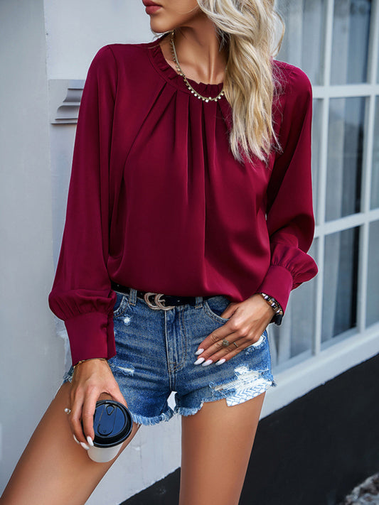Blue Zone Planet | New style women's elegant lace collar long-sleeved solid color top-TOPS / DRESSES-[Adult]-[Female]-Wine Red-S-2022 Online Blue Zone Planet
