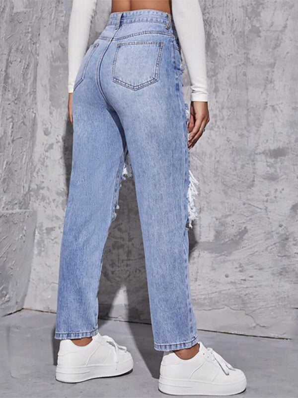 washed ripped high waist straight trousers BLUE ZONE PLANET