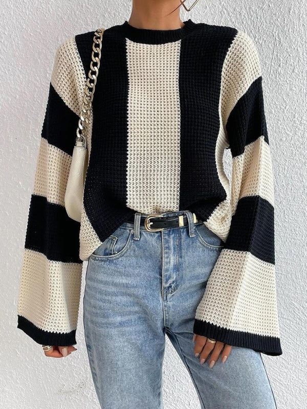 Women's tops round neck thick stitched wide striped sweater-[Adult]-[Female]-2022 Online Blue Zone Planet