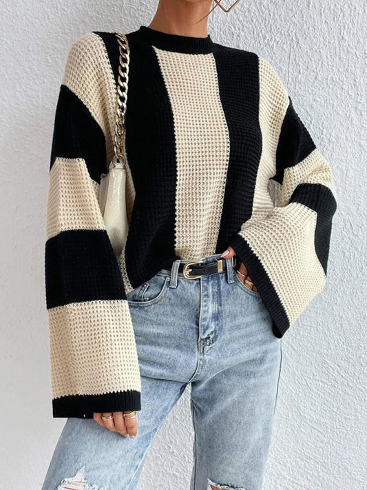 Women's tops round neck thick stitched wide striped sweater-[Adult]-[Female]-Cracker khaki-S-2022 Online Blue Zone Planet