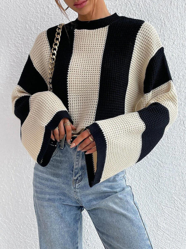 Women's tops round neck thick stitched wide striped sweater-[Adult]-[Female]-2022 Online Blue Zone Planet