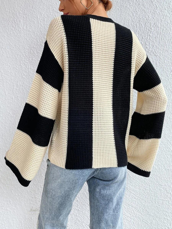 Women's tops round neck thick stitched wide striped sweater-[Adult]-[Female]-2022 Online Blue Zone Planet