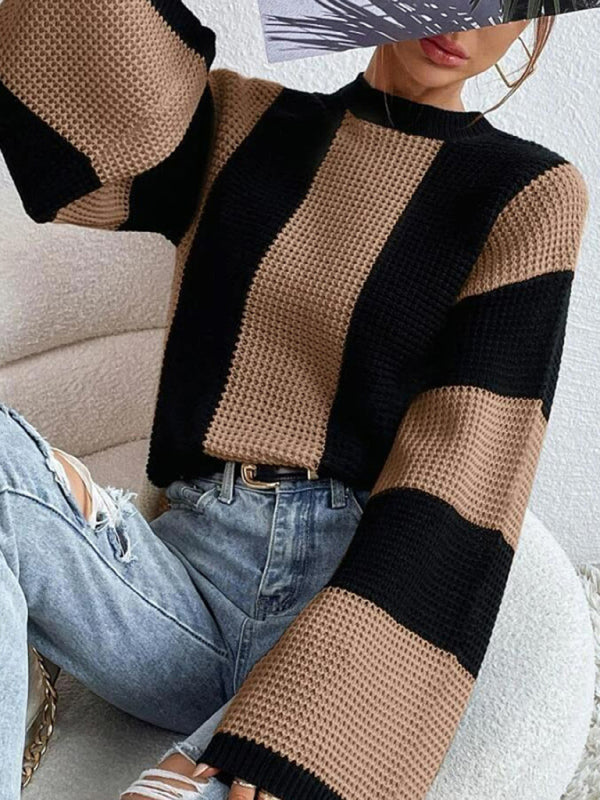 Women's tops round neck thick stitched wide striped sweater-[Adult]-[Female]-2022 Online Blue Zone Planet