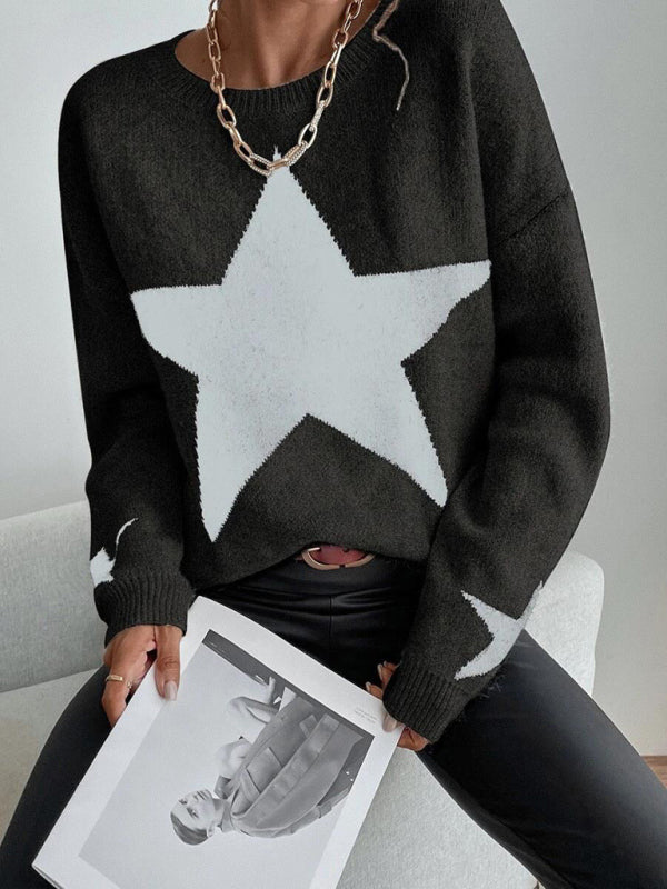 Women's Pullover Round Neck Star Thread Sweater-[Adult]-[Female]-Black-S-2022 Online Blue Zone Planet