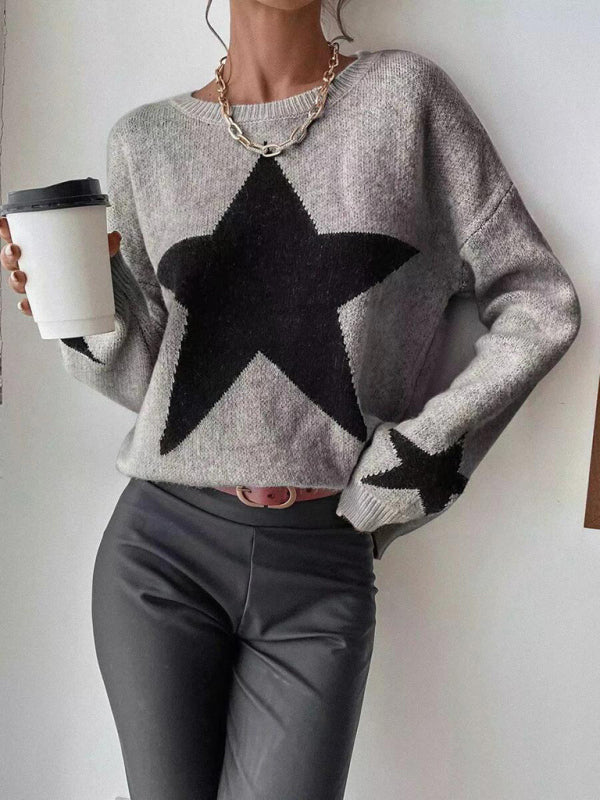 Women's Pullover Round Neck Star Thread Sweater-[Adult]-[Female]-Grey-S-2022 Online Blue Zone Planet