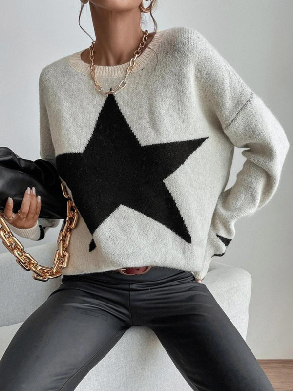 Women's Pullover Round Neck Star Thread Sweater-[Adult]-[Female]-2022 Online Blue Zone Planet