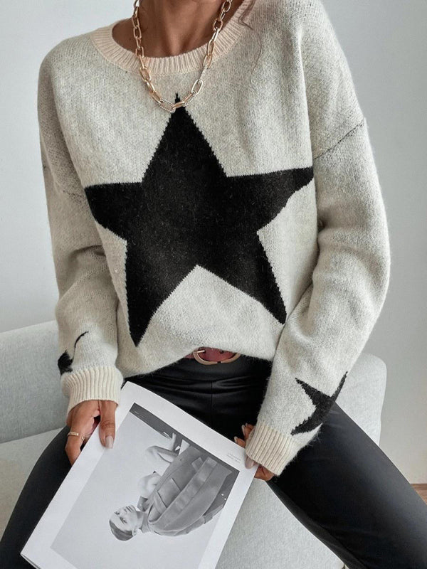 Women's Pullover Round Neck Star Thread Sweater-[Adult]-[Female]-White-S-2022 Online Blue Zone Planet