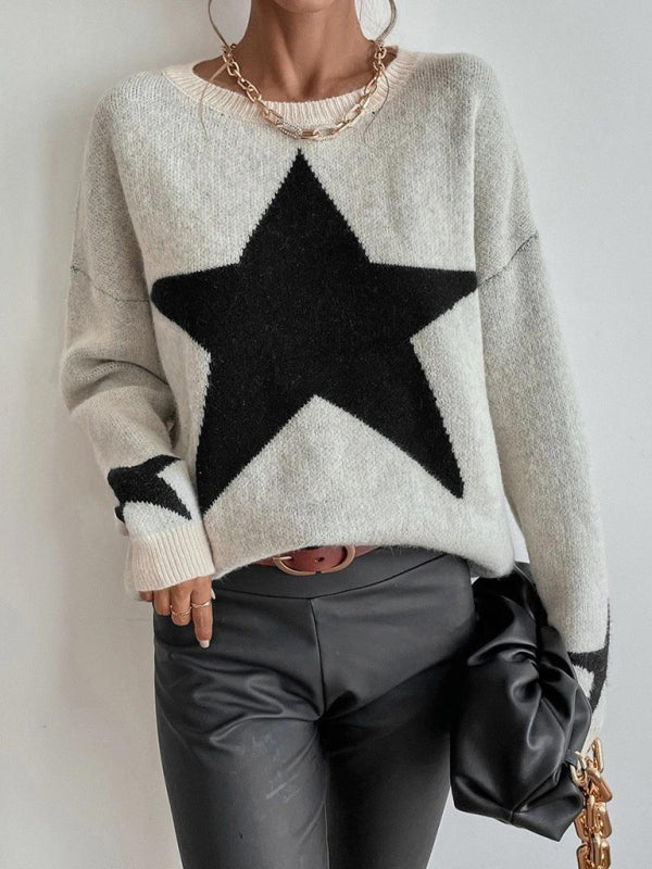 Women's Pullover Round Neck Star Thread Sweater-[Adult]-[Female]-2022 Online Blue Zone Planet