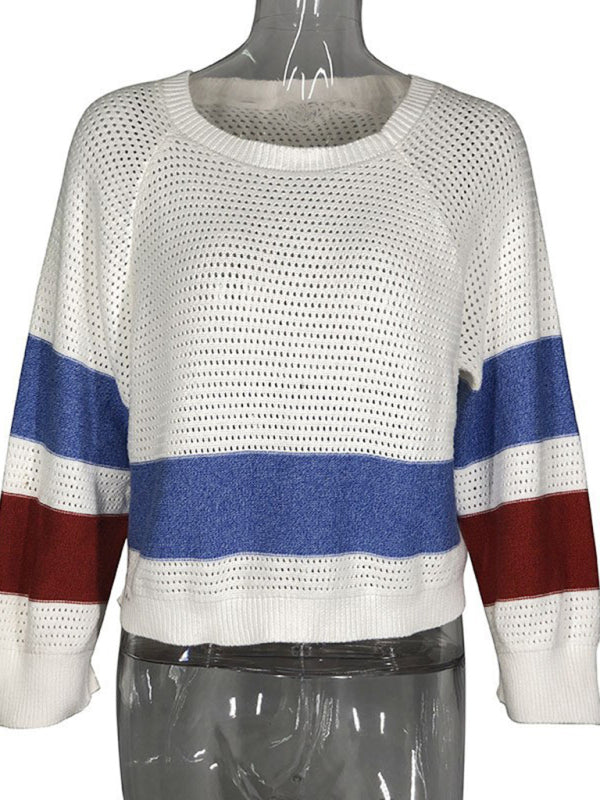 Hollow Round Neck Long Sleeve Loose Knitwear BLUE ZONE PLANET