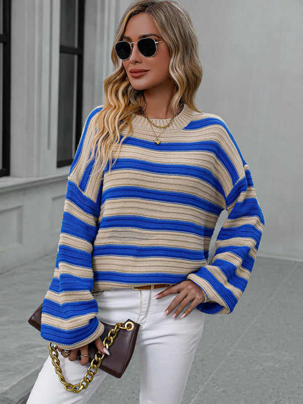 Women's loose striped round neck long sleeve pullover sweater-[Adult]-[Female]-2022 Online Blue Zone Planet