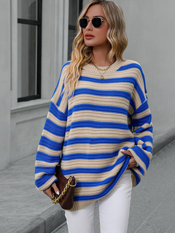 Women's loose striped round neck long sleeve pullover sweater-[Adult]-[Female]-2022 Online Blue Zone Planet