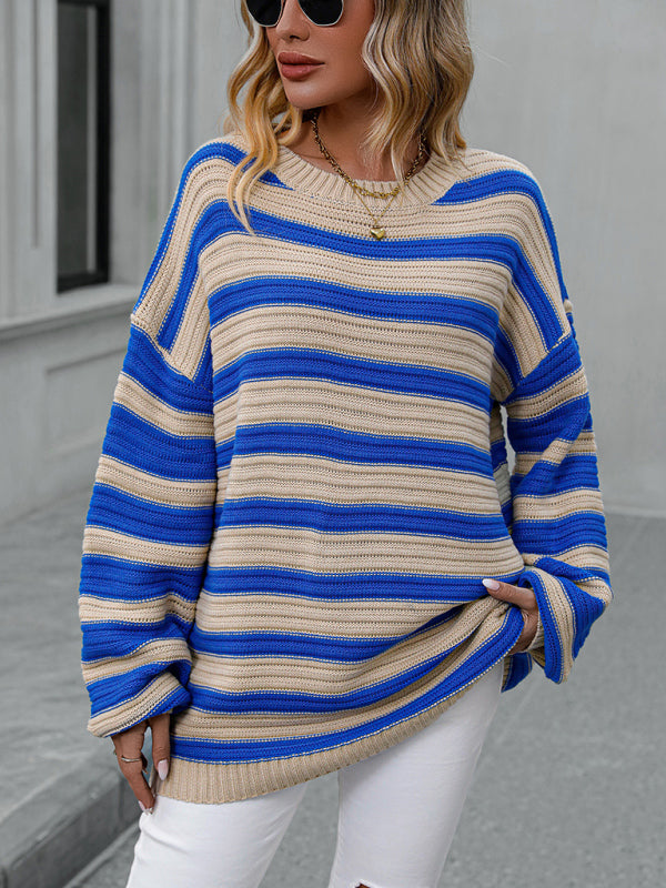 Women's loose striped round neck long sleeve pullover sweater-[Adult]-[Female]-Cracker khaki-S-2022 Online Blue Zone Planet