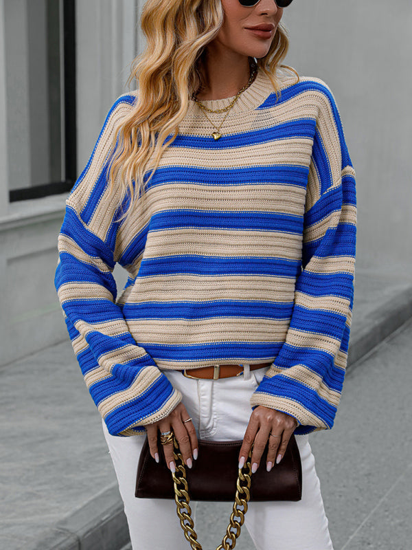 Women's loose striped round neck long sleeve pullover sweater-[Adult]-[Female]-2022 Online Blue Zone Planet