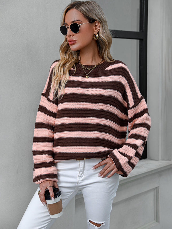 Women's loose striped round neck long sleeve pullover sweater-[Adult]-[Female]-2022 Online Blue Zone Planet