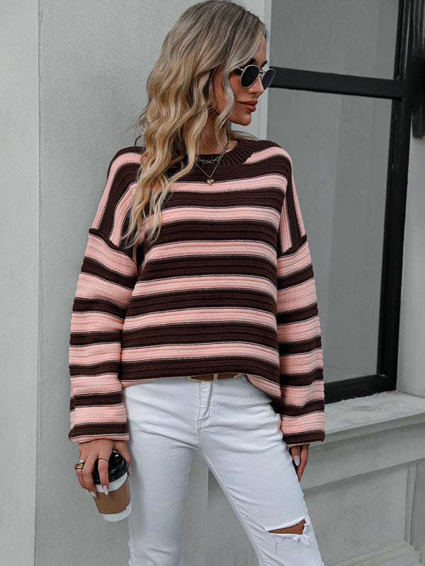 Women's loose striped round neck long sleeve pullover sweater-[Adult]-[Female]-2022 Online Blue Zone Planet