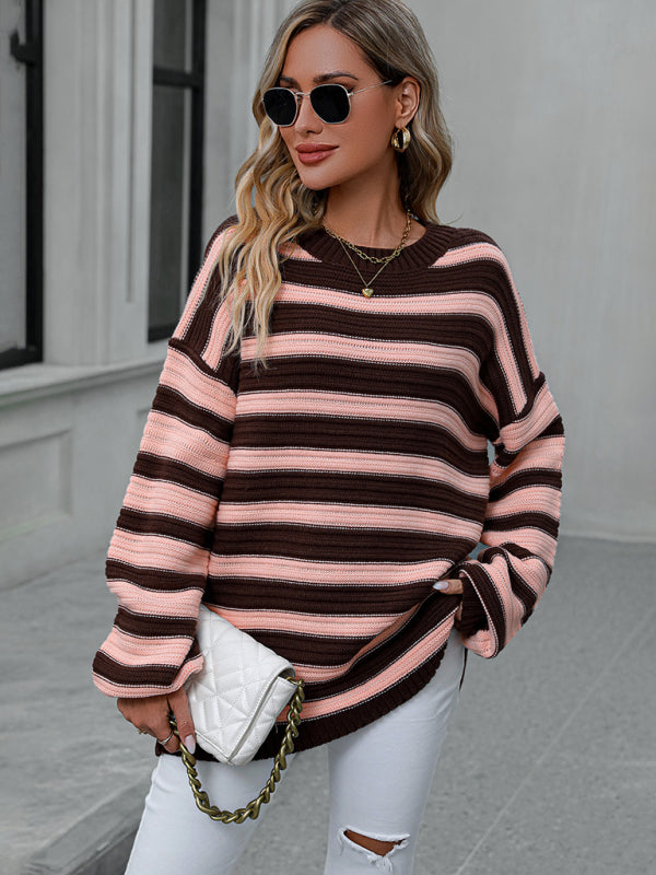 Women's loose striped round neck long sleeve pullover sweater-[Adult]-[Female]-2022 Online Blue Zone Planet