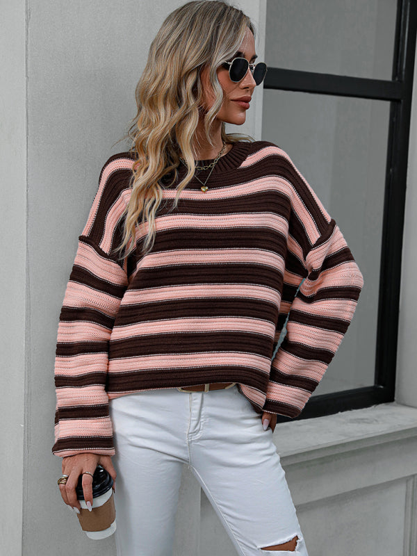 Women's loose striped round neck long sleeve pullover sweater-[Adult]-[Female]-2022 Online Blue Zone Planet