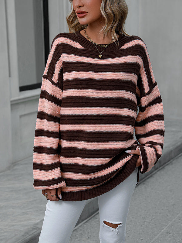 Women's loose striped round neck long sleeve pullover sweater-[Adult]-[Female]-Coffee-S-2022 Online Blue Zone Planet