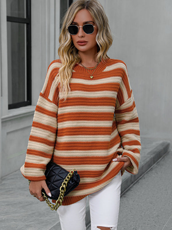 Women's loose striped round neck long sleeve pullover sweater-[Adult]-[Female]-2022 Online Blue Zone Planet