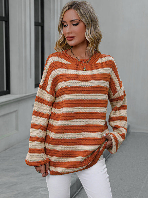 Women's loose striped round neck long sleeve pullover sweater-[Adult]-[Female]-2022 Online Blue Zone Planet