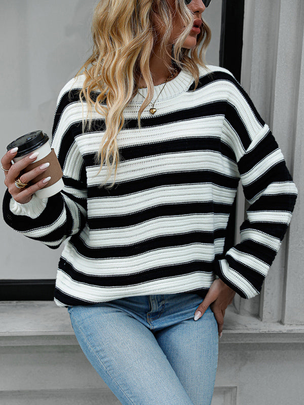 Women's loose striped round neck long sleeve pullover sweater-[Adult]-[Female]-2022 Online Blue Zone Planet