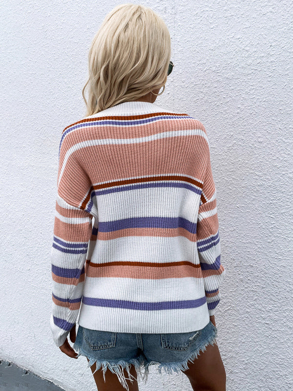 Women's loose striped round neck long sleeve pullover sweater-[Adult]-[Female]-2022 Online Blue Zone Planet