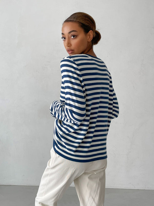 Women's loose striped round neck long sleeve pullover sweater-[Adult]-[Female]-2022 Online Blue Zone Planet