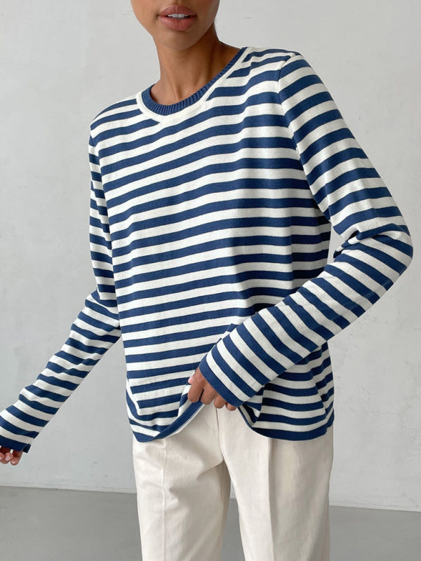 Women's loose striped round neck long sleeve pullover sweater-[Adult]-[Female]-Blue-S-2022 Online Blue Zone Planet