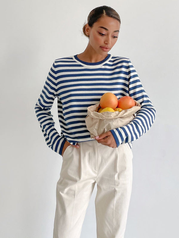 Women's loose striped round neck long sleeve pullover sweater-[Adult]-[Female]-2022 Online Blue Zone Planet