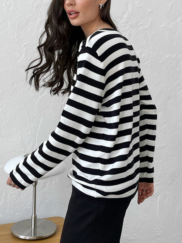 Women's loose striped round neck long sleeve pullover sweater-[Adult]-[Female]-2022 Online Blue Zone Planet